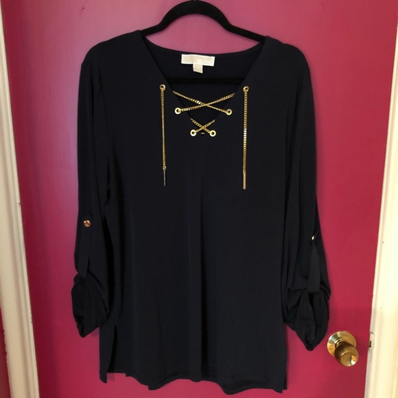 MICHAEL Michael Kors Tops - NWOT Michael Kors Gold Chain Lace Up Navy Top